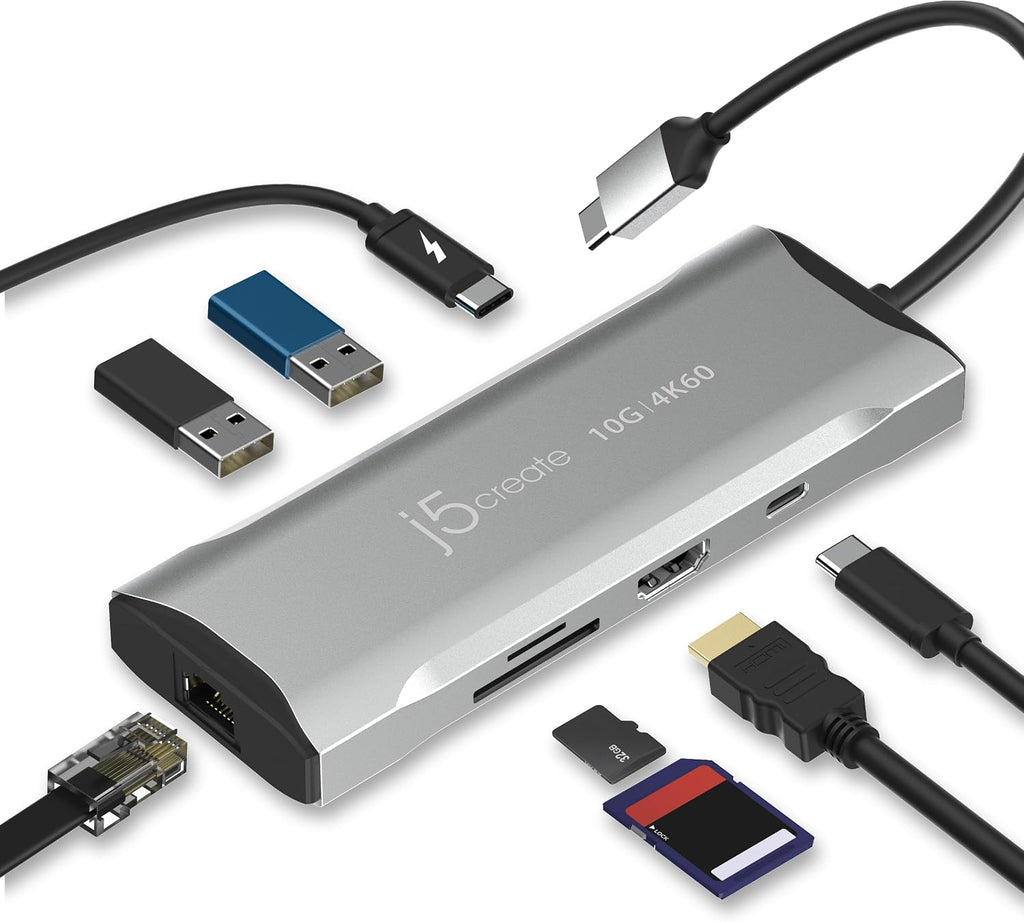 j5create Estación de acoplamiento para laptop, 9 en 1, 4K60Hz HDMI, USB-C
