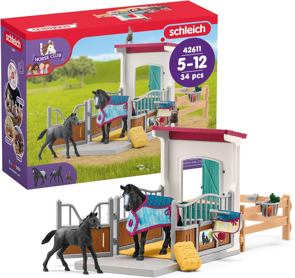 Schleich Horse Club - juego de 34 piezas de juguetes de caballos para el establo con figuras de yegua y potro, figura de gato y accesorios - set de extensión de establo para niñas y niños - juguetes