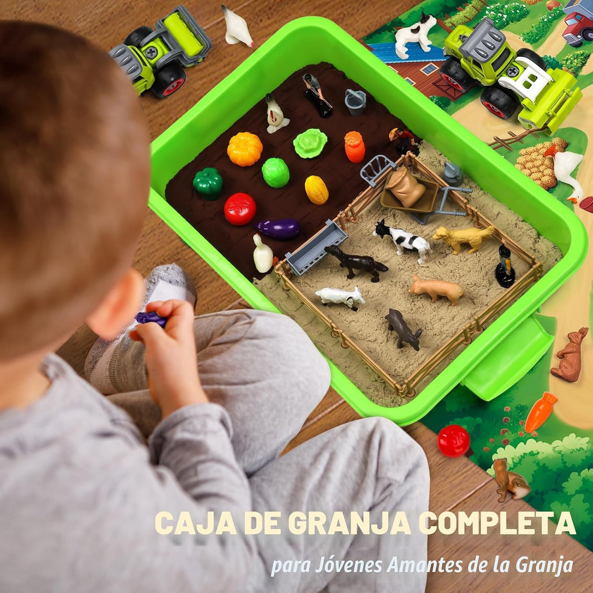Aprilwolf 69 piezas Juego de juguetes de granja para caja sensorial, arenero con arena, tractor de granjero y figuras de animales de granja para niños de 3, 4, 5 años, regalos para niños de 6, 7 años