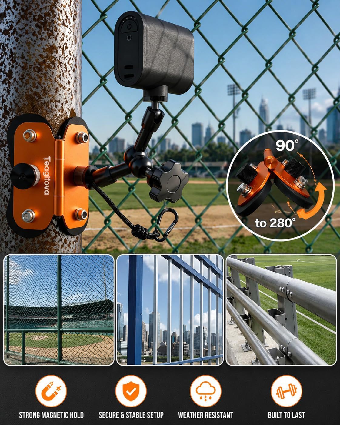 Soporte magnético para cámara para kit de transmisión Gamechanger - Soporte de valla doble de 1/4 pulgadas compatible con Mevo Start, GoPro, iPhone y cámaras de acción, perfecto para campo