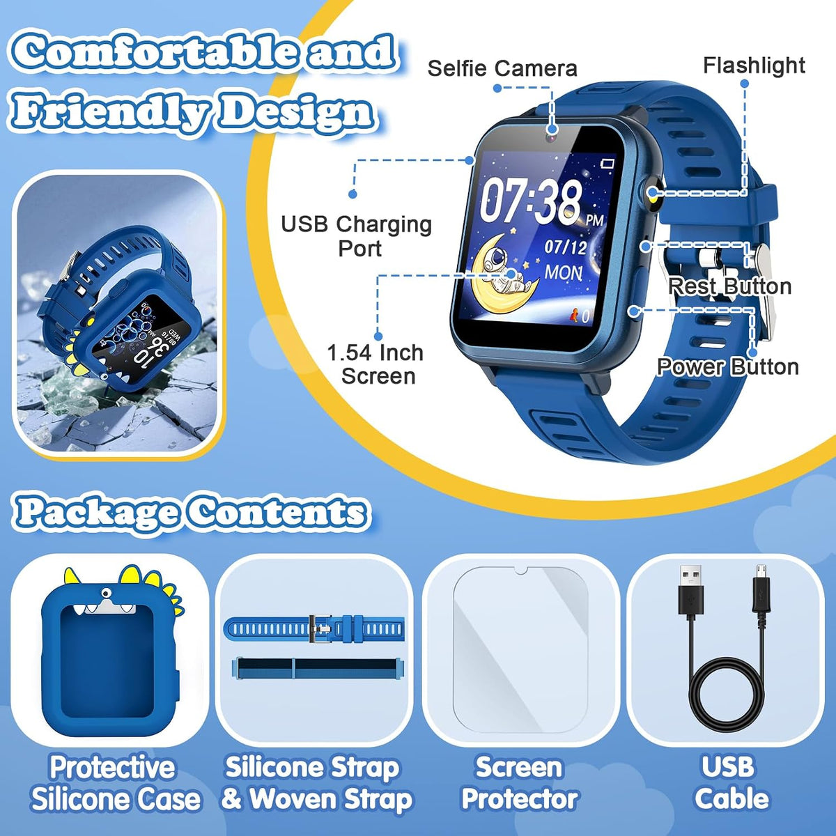 Reloj inteligente para niños, regalo para niños de 3 a 12 años con 39 juegos, reloj despertador, cámara, color azul