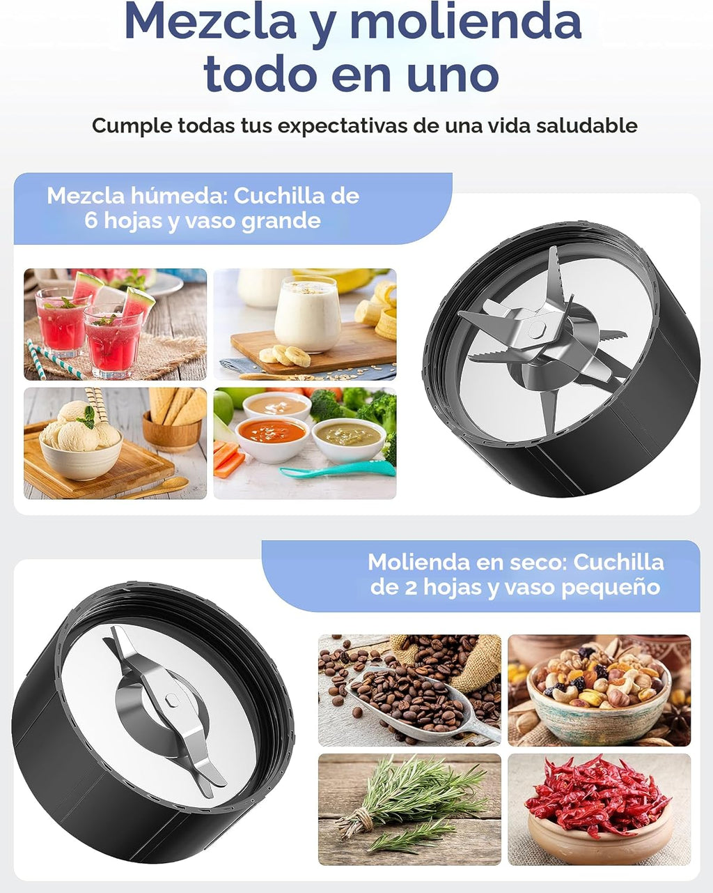 Ganiza Licuadora para Batidos, licuadora de 900W para batidos y licuados, Combo de licuadora personal y molinillo de 15 piezas para cocina, batidora de licuados con 4 tazas portátiles libres de BPA