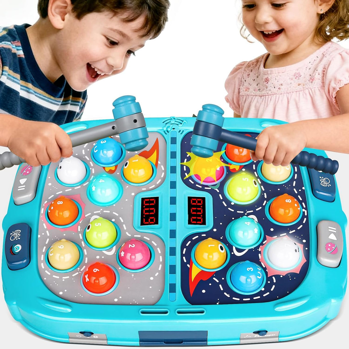 Juego de Golpear 2 Jugadores Topo - Juguete para edades 3-12 años, 2 Martillos, 3 Modos con Sonido y Luz, Juguete Seguro y Educativo de Golpeteo, Regalo de Cumpleaños para Niños y Niñas 3 4 5 6+ Años, Azul