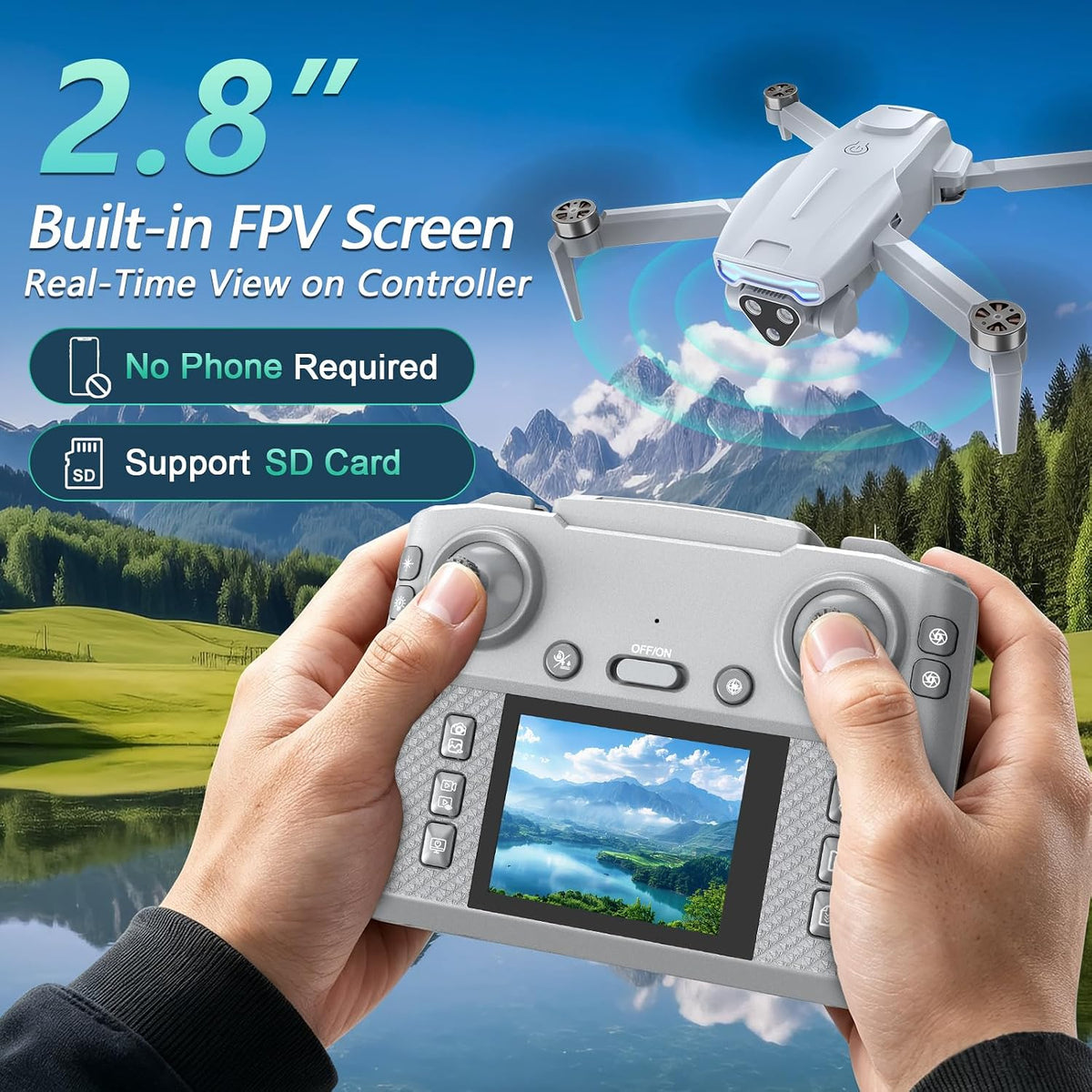 Dron 2K con cámara, controlador de pantalla, motor sin escobillas, dron FPV para niños, principiantes y adultos, giro de 360°, despegue/aterrizaje con una tecla, 2 baterías, fácil de volar, regalo