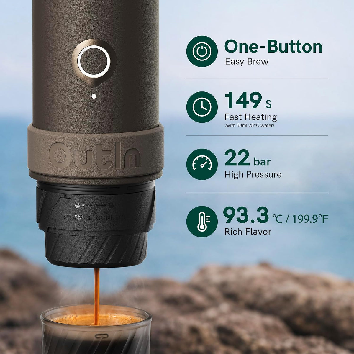 Cafetera Espresso Eléctrica Portátil OutIn Mino para Viaje con Auto-calentamiento