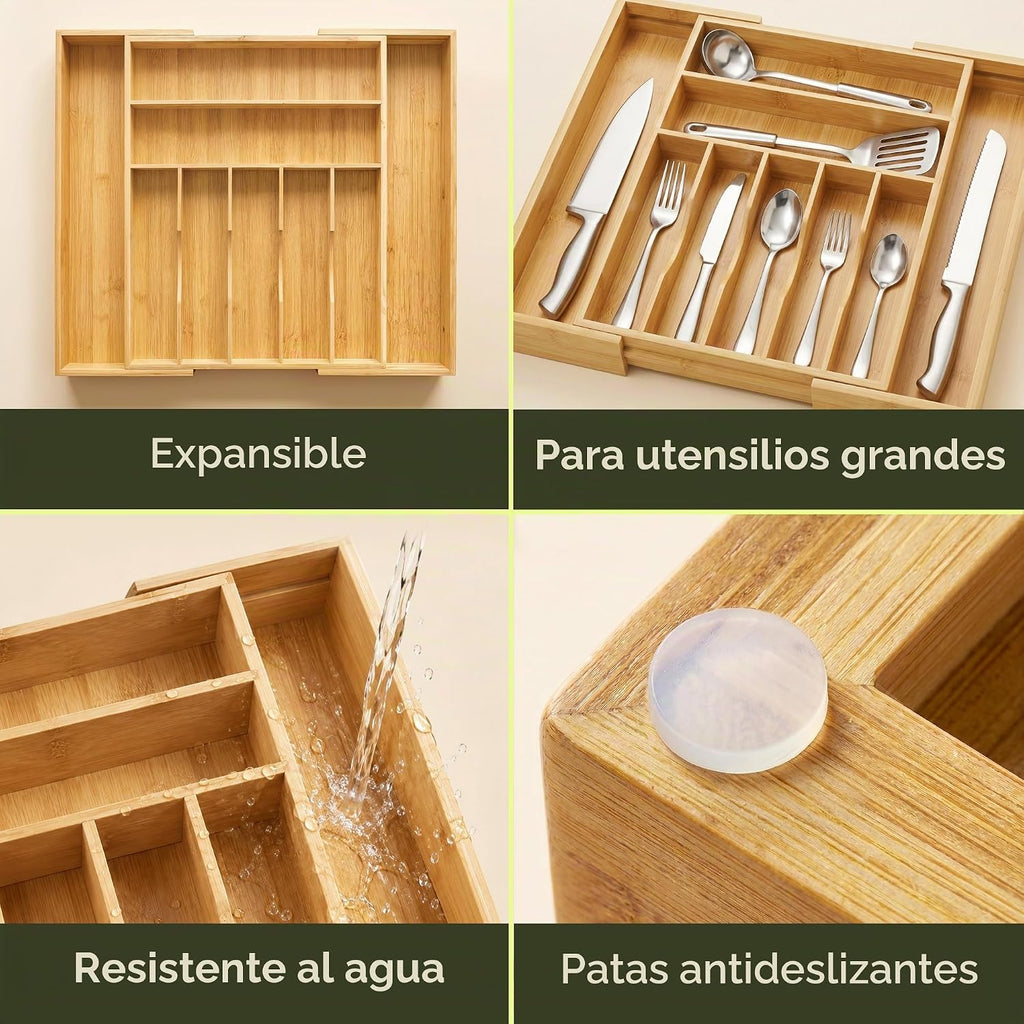 Organizador de cajones de cocina de bambú, soporte para utensilios de cocina y bandeja de cubiertos con separadores ranurados (9 ranuras, natural)