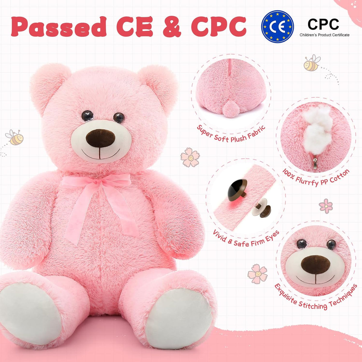MorisMos Oso de Peluche Gigante de 3 Pies - 36 Pulgadas, Oso de Peluche Rosa Grande para Novia, Novio, Esposa, Mamá, Prometido, Regalo de San Valentín, Oso de Peluche Grande para Baby Shower