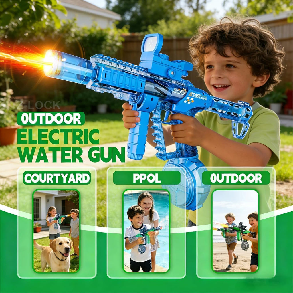Pistola de agua eléctrica, cargador de 10.8 fl oz, flash de bozal y soplado, agarre de mano giratorio, mira de punto rojo, acción extensible, piscina al aire libre, playa y patio trasero, para niños y