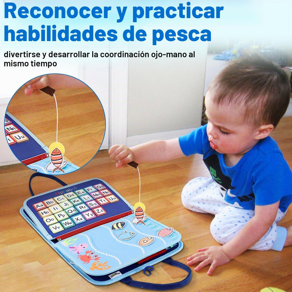 Juguete Montessori de tablero ocupado para niños y niñas, juguete sensorial, actividades educativas, juguete de viaje para automóvil de avión, libro ocupado para aprender habilidades motoras finas, azul