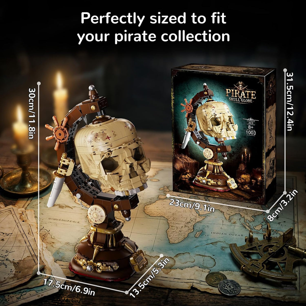Juego de construcción de globo de calavera pirata, 1136 piezas, kit de