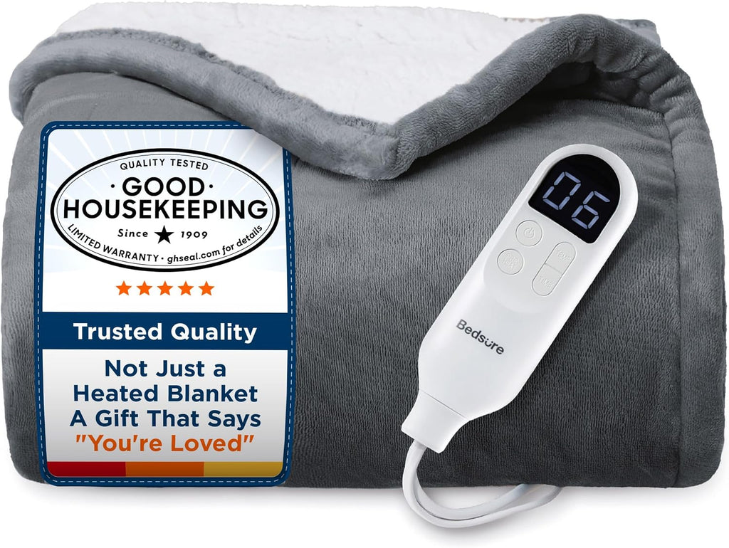 Bedsure Manta térmica con función de precalentamiento, manta eléctrica de calentamiento rápido, manta de franela suave con 6 ajustes de tiempo (hasta 10 horas), 6 ajustes de calefacción, regalos para la abuela (50 x 60 pulgadas, gris)