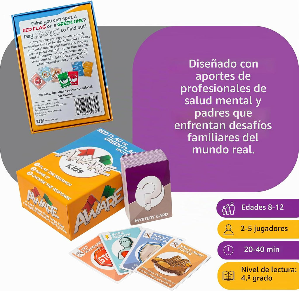 AWARE Juego de cartas para niños: aprende a detectar comportamientos de bandera roja y bandera verde a través del juego | Enseña comportamientos saludables vs no saludables | Edades 8 a 12 | Uso