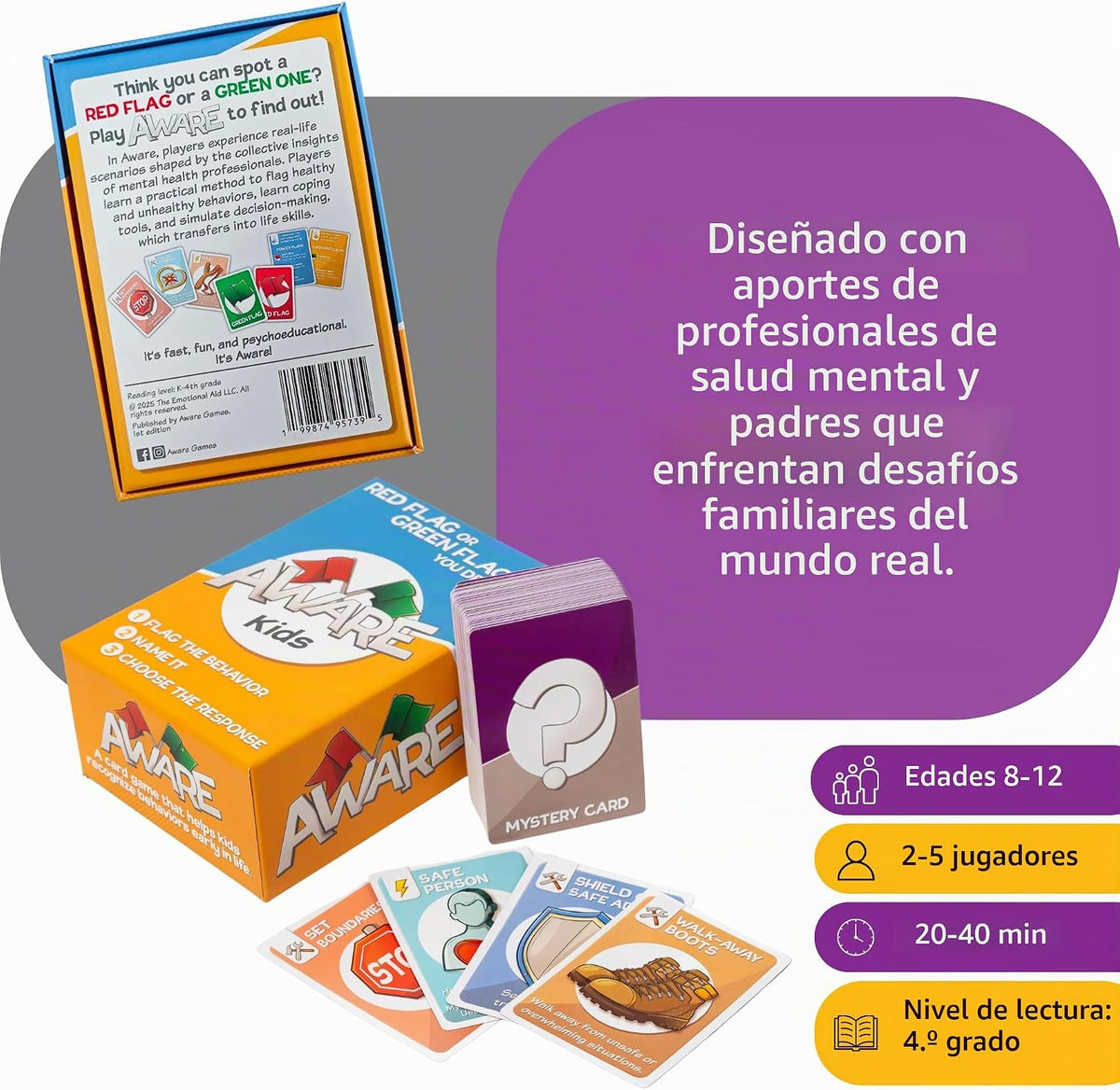 AWARE Juego de cartas para niños: aprende a detectar comportamientos de bandera roja y bandera verde a través del juego | Enseña comportamientos saludables vs no saludables | Edades 8 a 12 | Uso