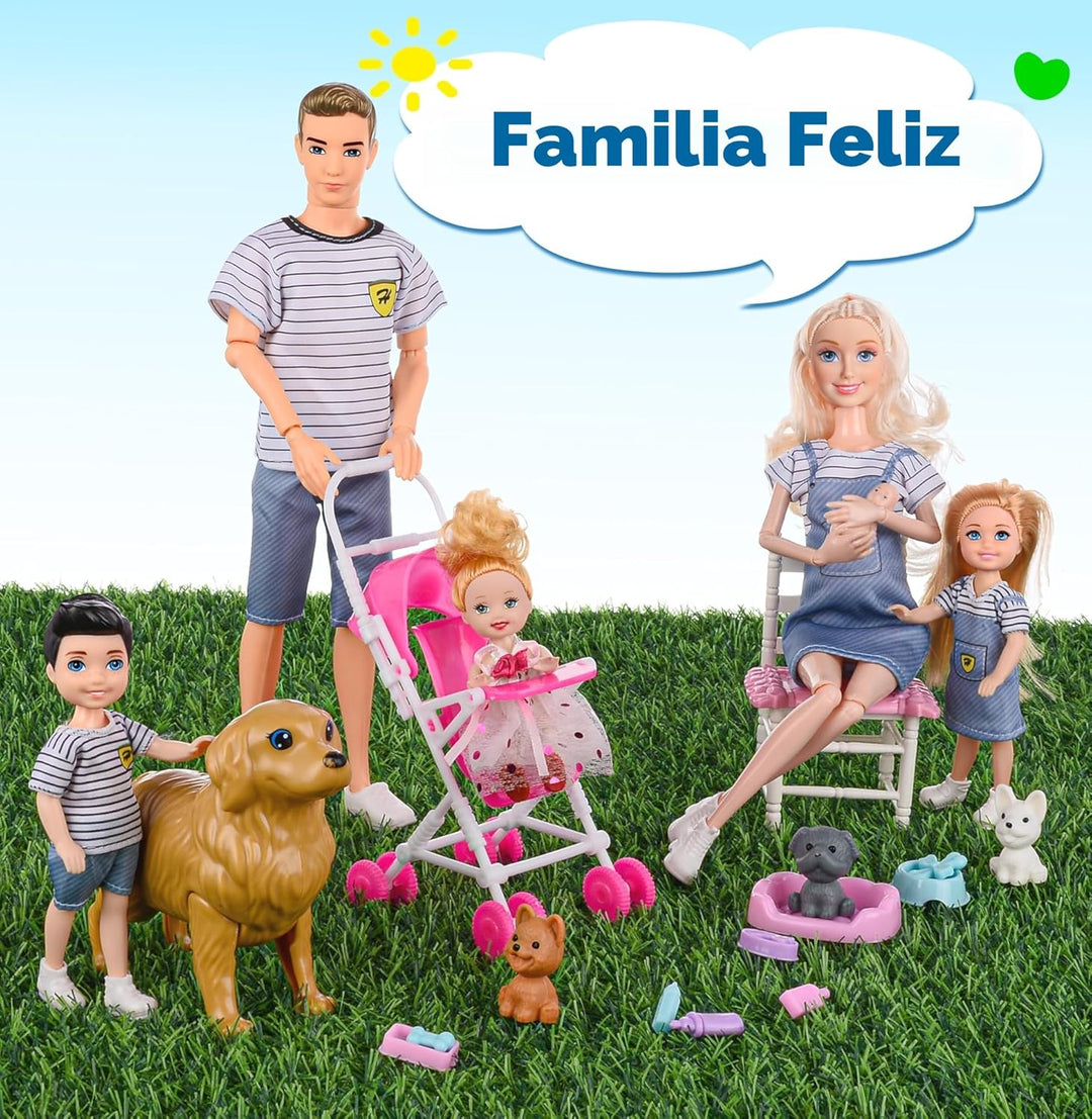 Set de juego familiar de muñecas dollbie con carriola de bebé - 6 p...