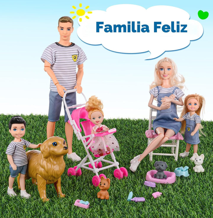 Set de juego familiar de muñecas dollbie con carriola de bebé - 6 p...