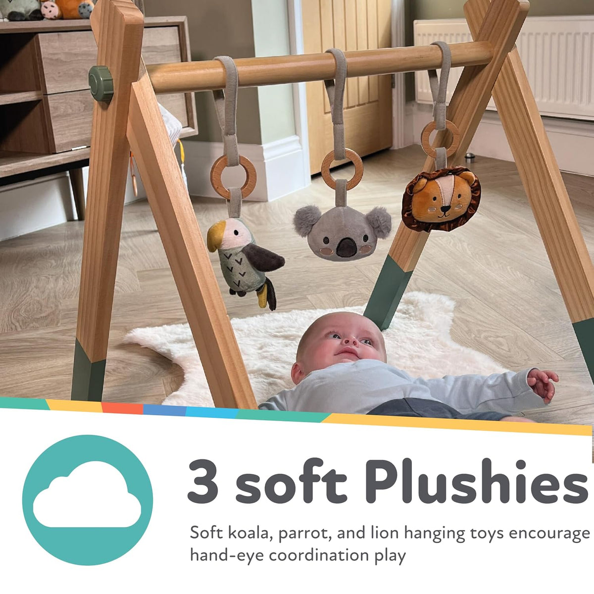 Nuby Animal Adventures - Gimnasio de madera para bebés con juguetes colgantes, soporta el desarrollo temprano del bebé, fácil de plegar para almacenamiento y viajes