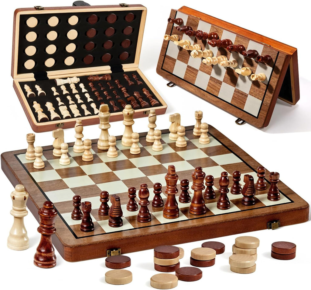 MerryPony 2 en 1 Magnetic Wooden Chess & Checkers Set, 15" Foldable Board
