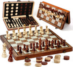 MerryPony 2 en 1 Magnetic Wooden Chess & Checkers Set, 15" Foldable Board