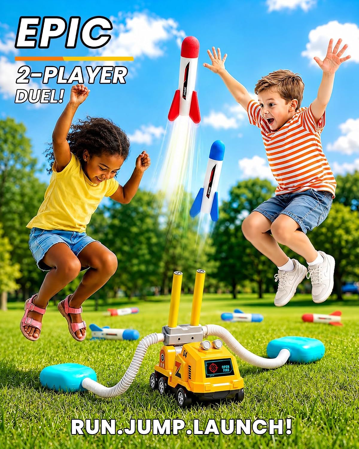 VLQ Dueling - Lanzador de cohetes de vehículo de construcción para niños, almohadilla de lanzamiento de ángulo ajustable, con 8 cohetes de espuma, rango de 100 pies, juego de patio trasero para