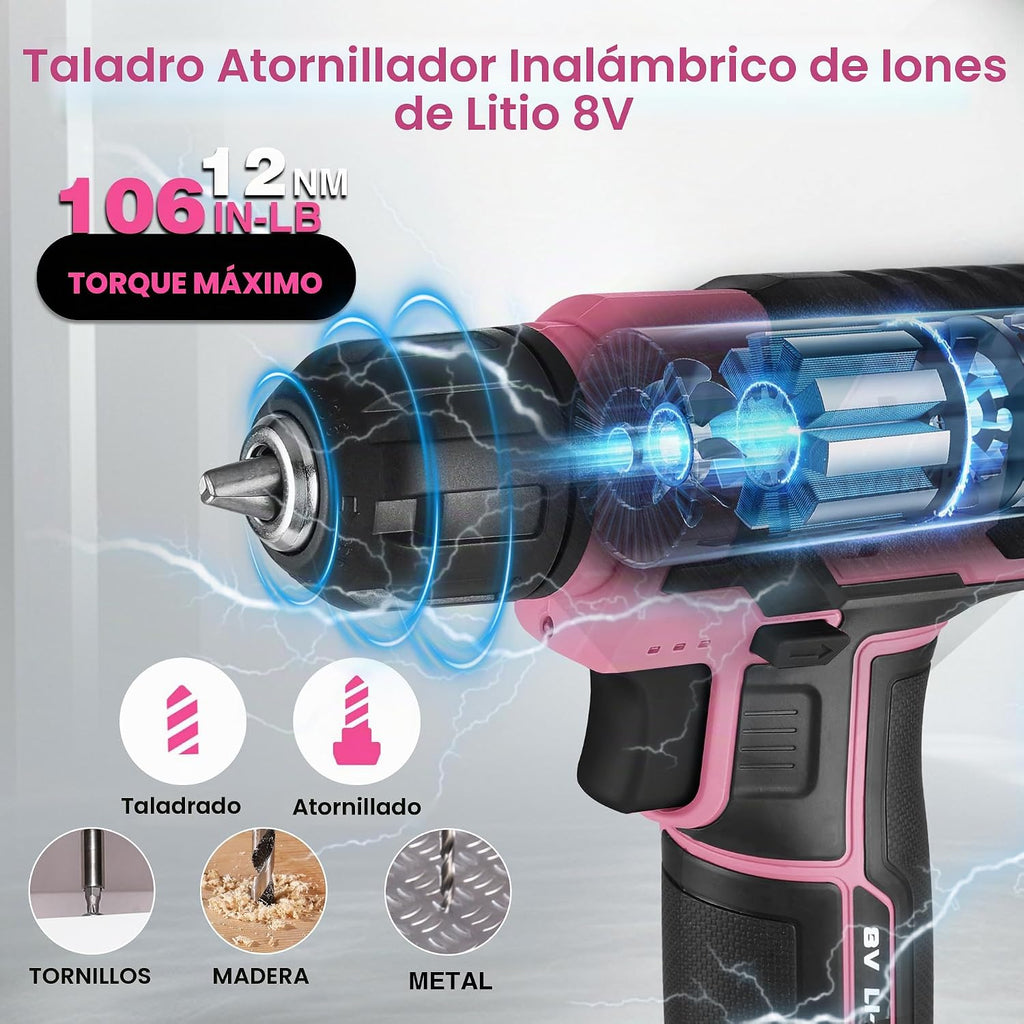 WORKPRO Taladro eléctrico de 8 V, juego de herramientas rosa para mujeres, taladro inalámbrico