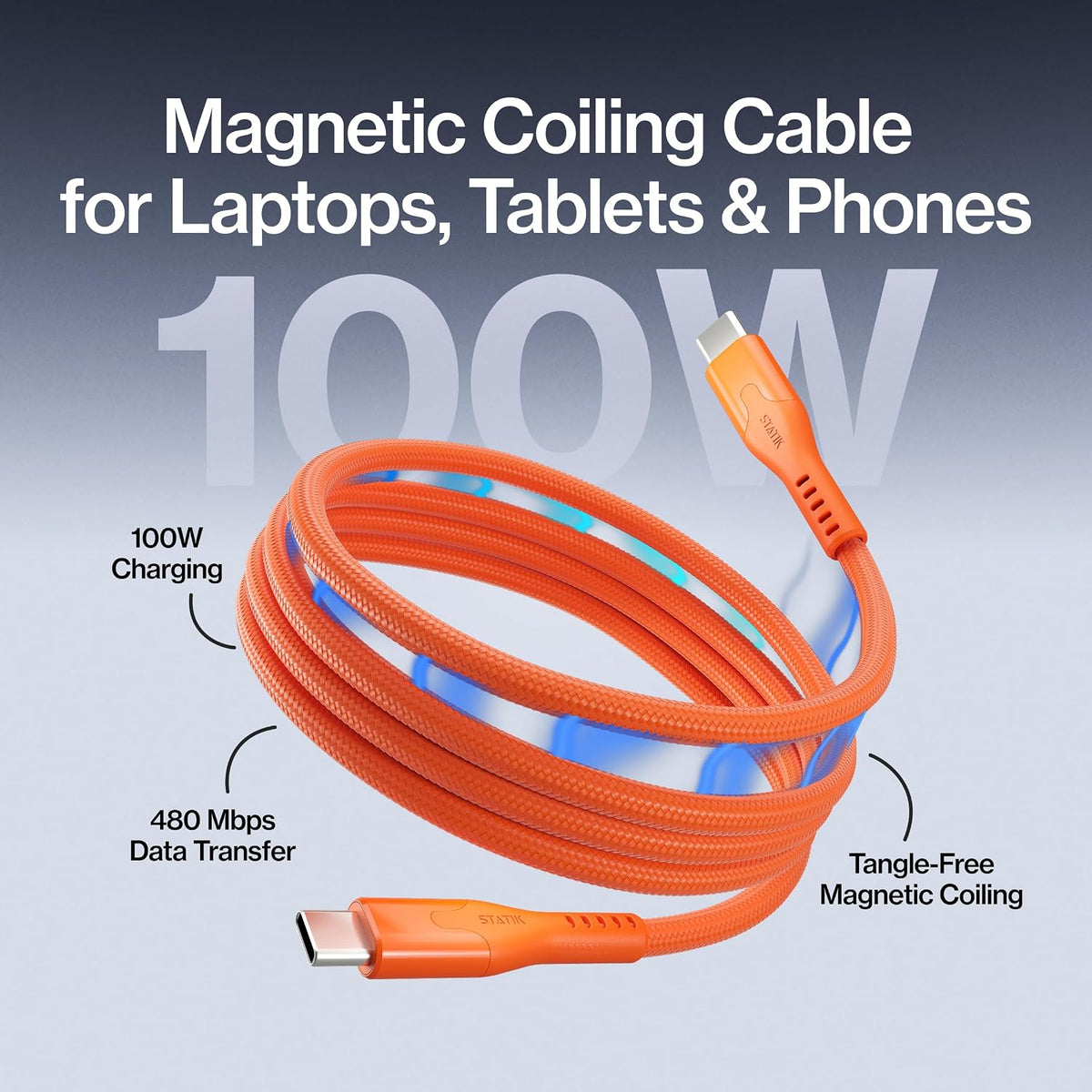 Statik MagStack Pro - Cable de carga magnético USB C a USB C, 100 W, diseño trenzado de nailon sin enredos, bobina magnética, transferencia de datos, compatible con iPhone y Android, 6 pies, naranja