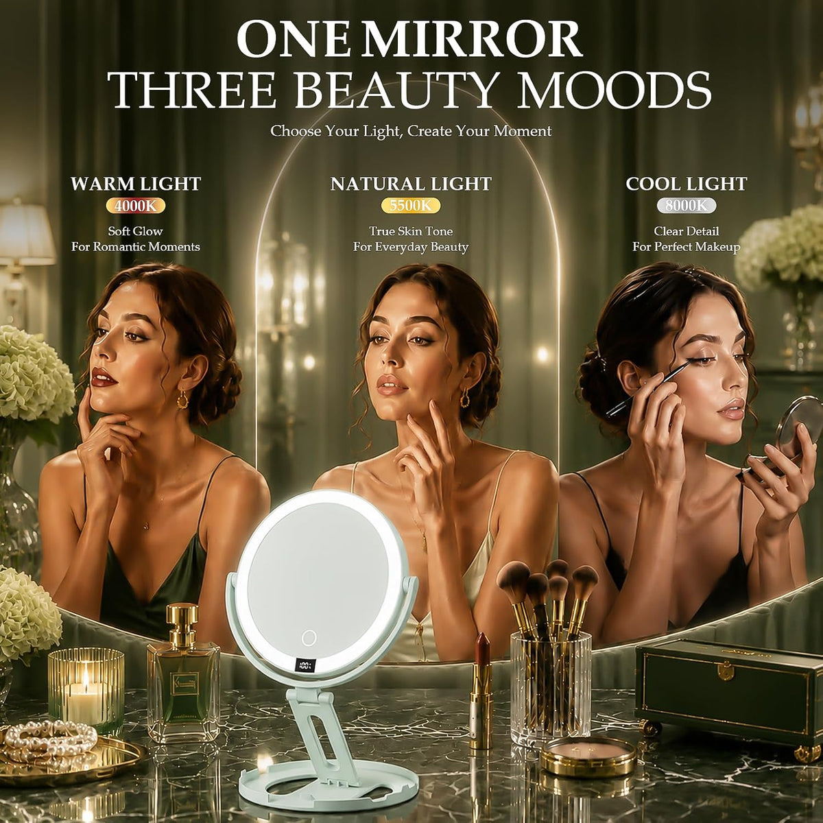 Espejo de maquillaje de viaje con luces, espejo de aumento de doble cara 1X