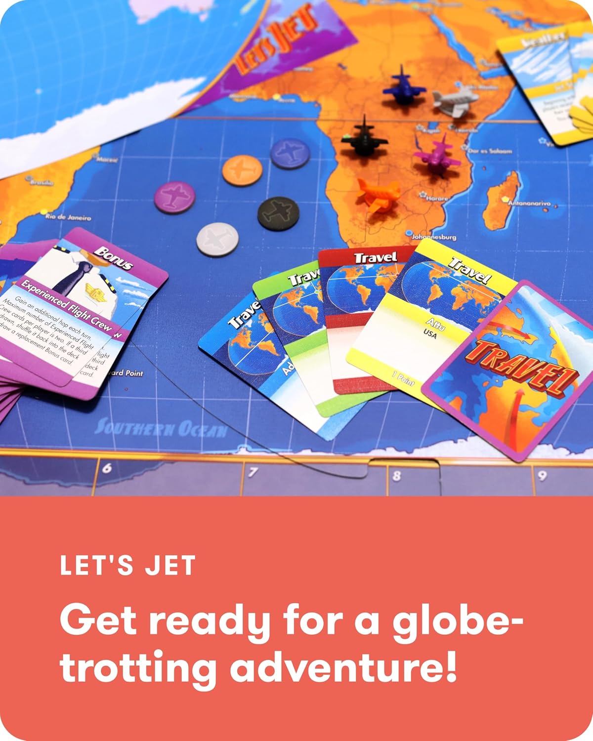 SimplyFun Let's Jet World Geography - Juego de mesa educativo para niños a partir de 8 años, juego de viaje mundial con mapa, tarjetas y peones de jet