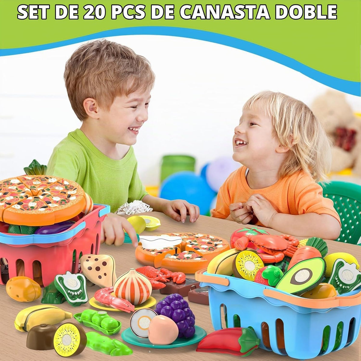 120 piezas de juguete de corte de comida de simulación para varios niños con 2 cestas de almacenamiento de colores, juego de comida de cocina para niños pequeños, accesorios de juguetes de cocina