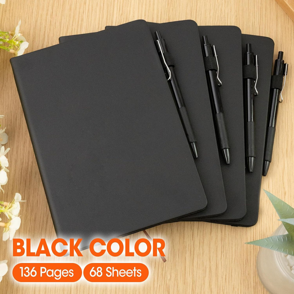 Paquete de 10 cuadernos rayados con bolígrafo, diario A5 de cuero de tapa dura de 5.5 x 8.3 pulgadas, negro de 136 páginas, cuadernos y bolígrafos con rayas universitarias para suministros de