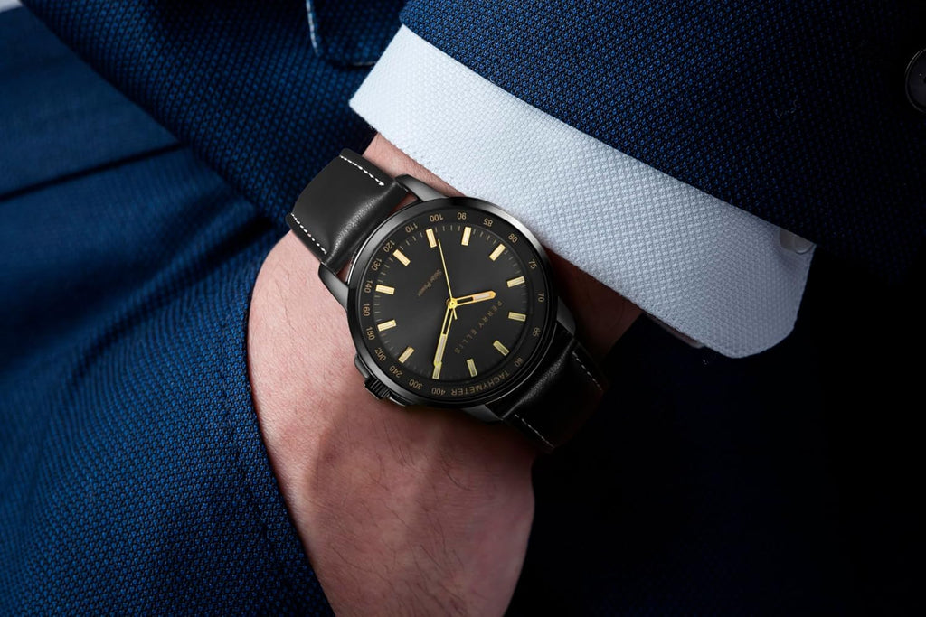 Reloj Perry Ellis para hombre con energía solar | Relojes de pulsera analógicos resistentes al agua de cuero vegano para hombre | Caja de 43mm | Bisel taquimétrico de aluminio | Elegante regalo para