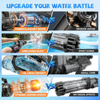 Pistola de agua con boquilla giratoria y luz LED, mochila de agua y tanque desmontable, largo alcance de 28 a 32 pies