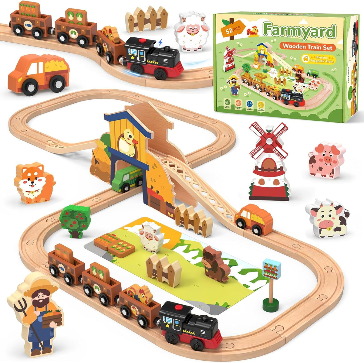 Juego de tren eléctrico de madera, juguete de tren de granja de 52 piezas