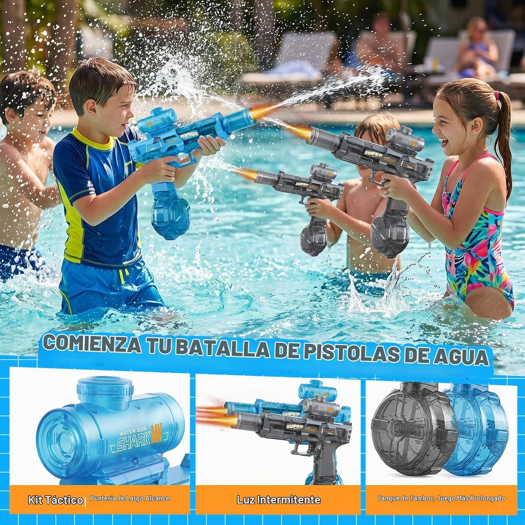 2 pistolas de agua eléctricas automáticas, negro y azul, 26 pies para niños