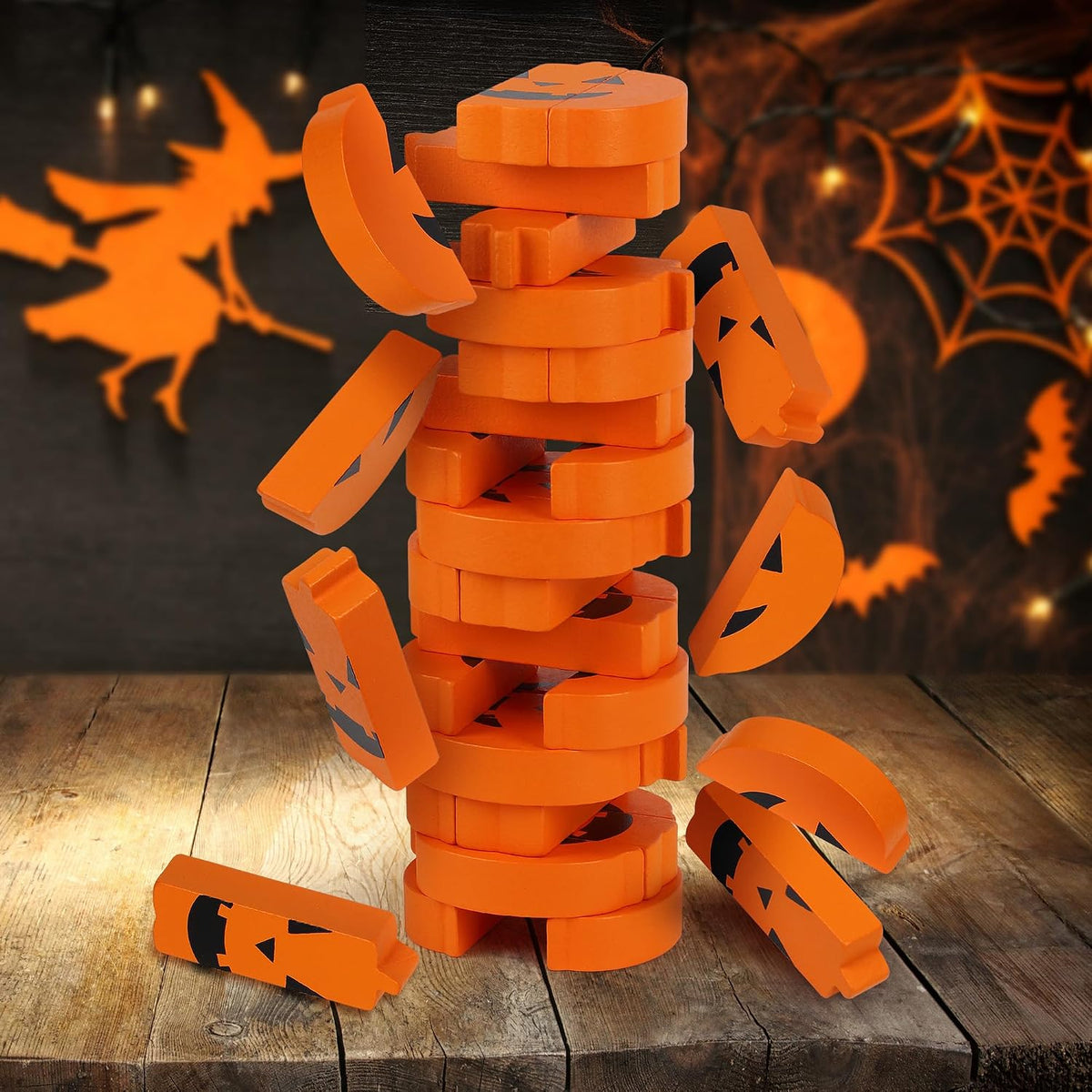 Funwares Stack-O-Lantern Juego de apilamiento de Halloween, bloques de madera de calabaza