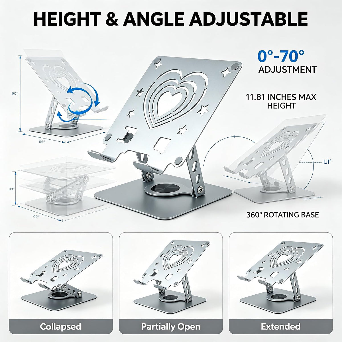 Soporte ajustable para laptop, soporte para computadora con base giratoria