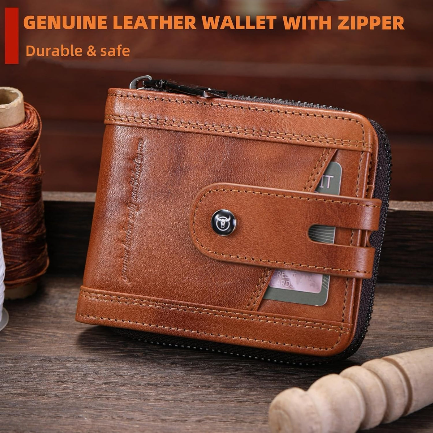 BULLCAPTAIN Billetera de cuero genuino para hombre con cremallera v...