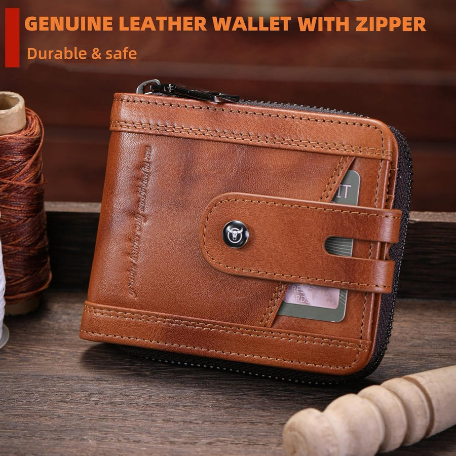 BULLCAPTAIN Billetera de cuero genuino para hombre con cremallera v...
