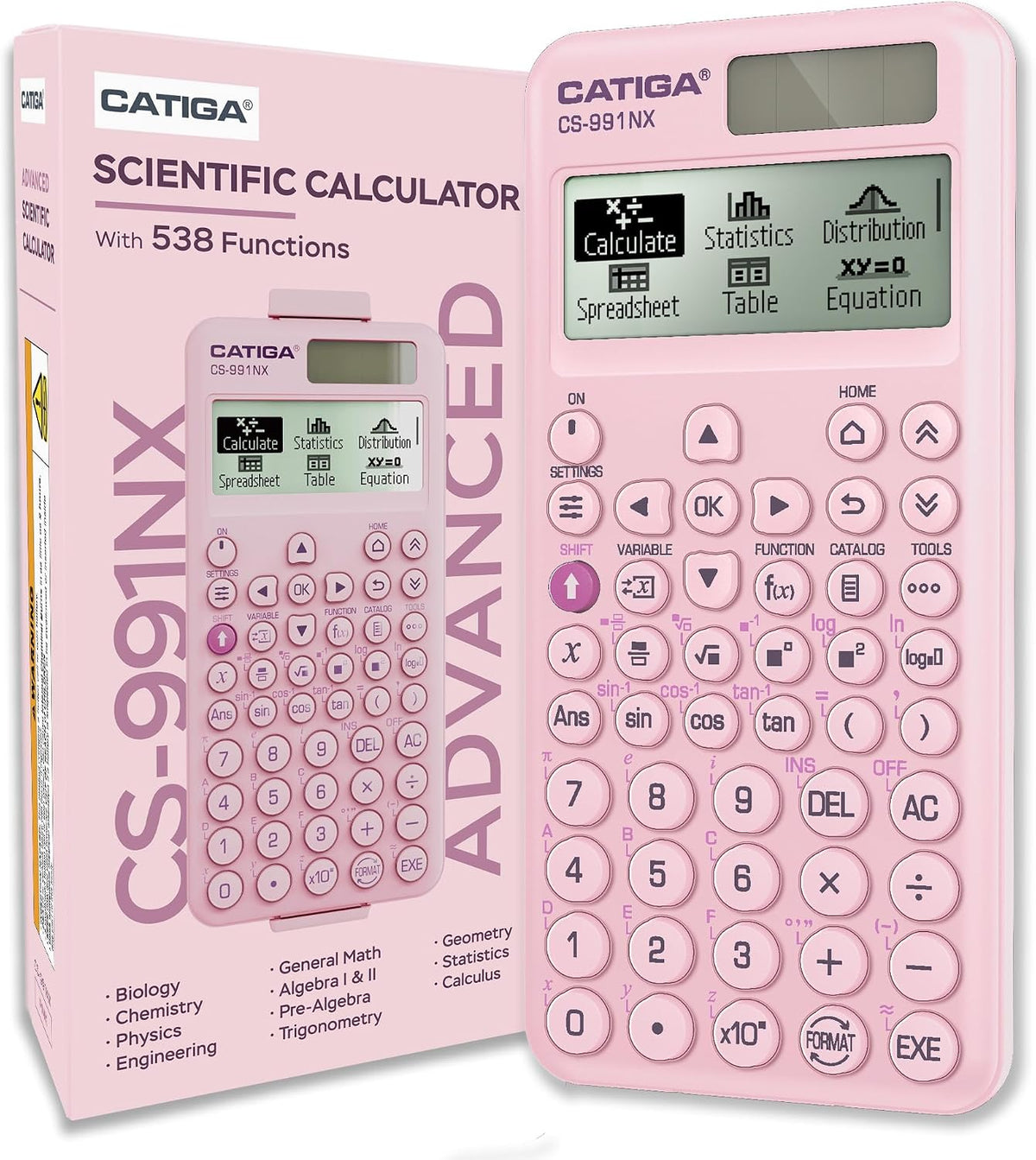 CATIGA Calculadora científica rosa con pantalla HD estilo libro de texto, calculadoras científicas solares y de batería para estudiantes universitarios, secundaria e ingeniería, menú de iconos y