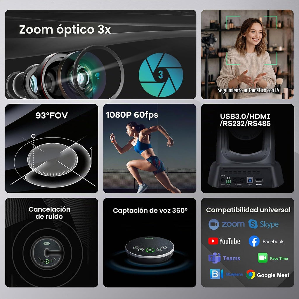 TONGVEO Sistema de cámara de conferencia PTZ con seguimiento automático AI con micrófonos Bluetooth, zoom óptico 3X USB3.0 1080P 60fps, solución de videoconferencia todo en uno gran angular de 93°