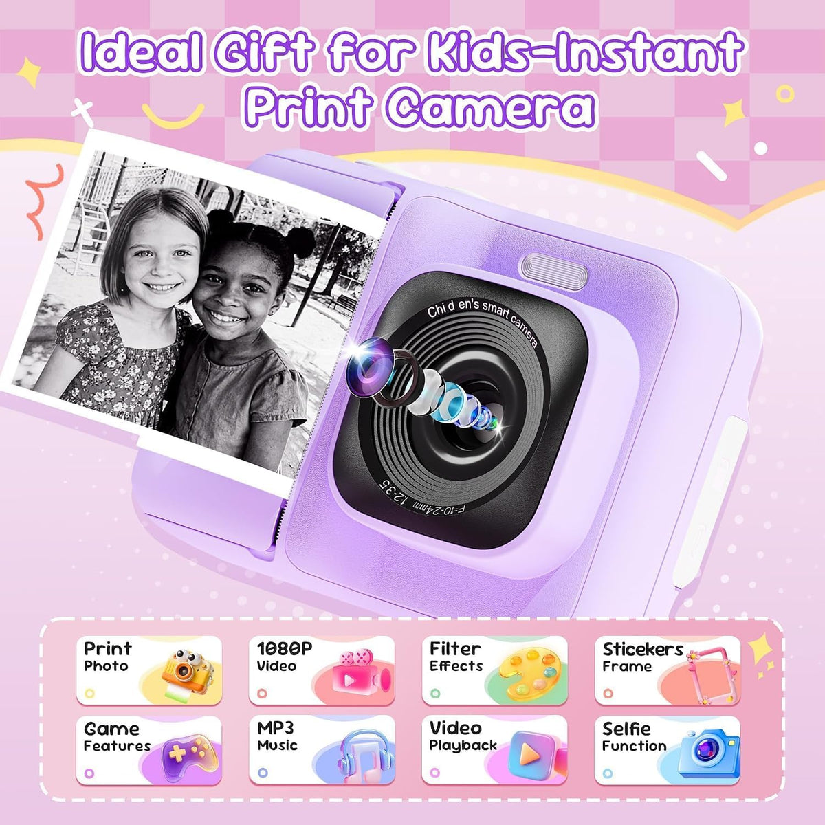 Cámara de impresión instantánea para niños, 1080P con tarjeta de 32