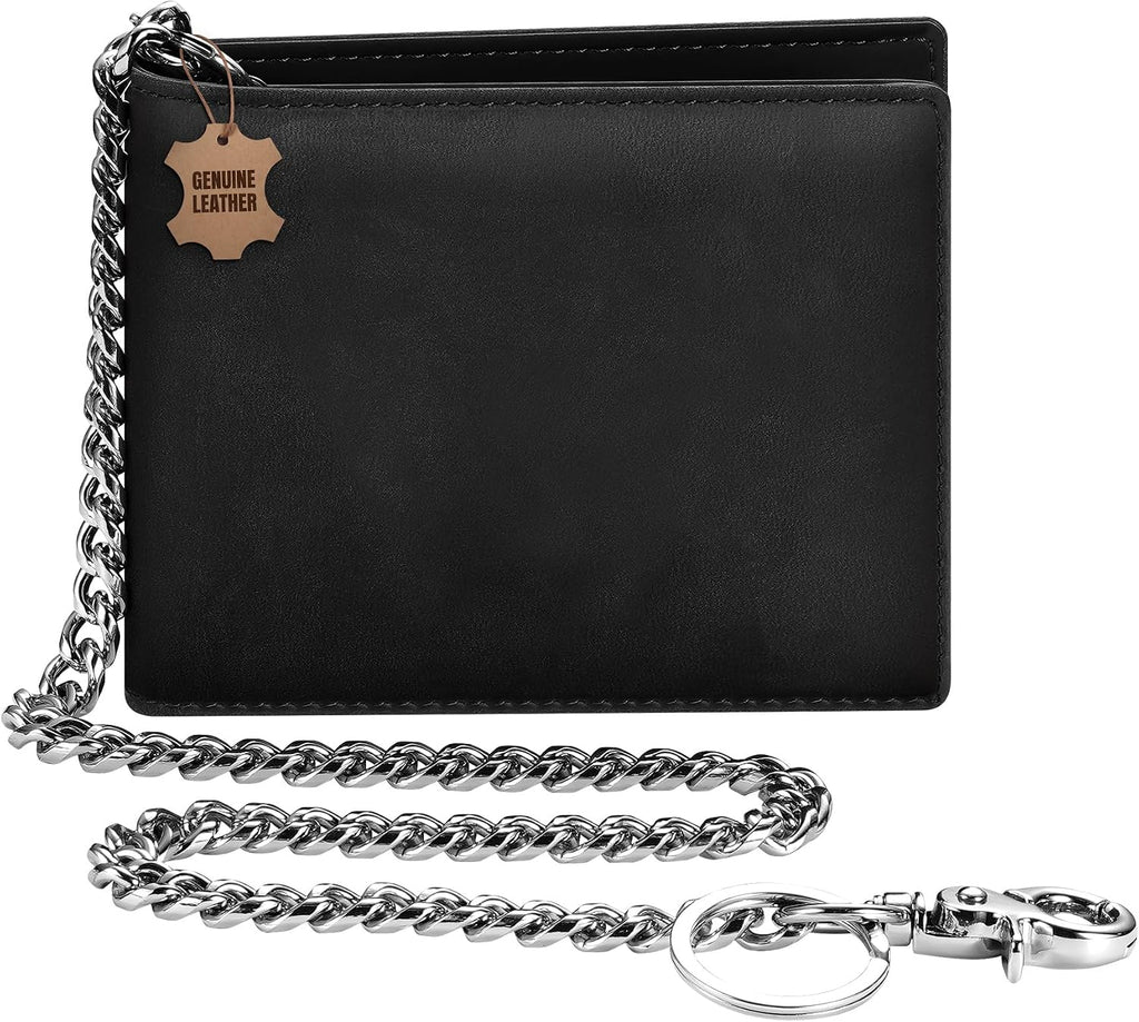 Cartera de piel auténtica con cadena para hombre: cartera RFID para