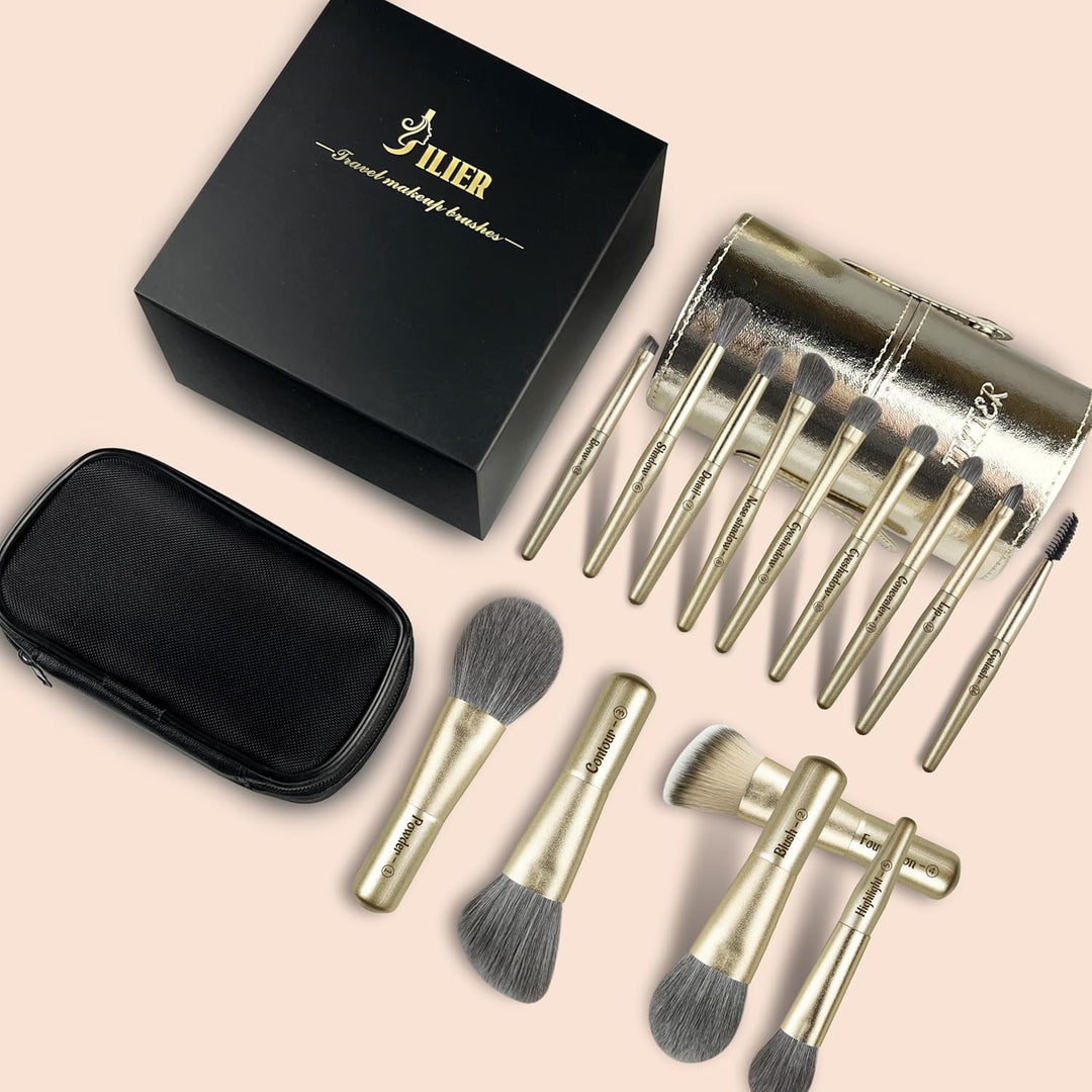 Jilier Juego de Brochas de Maquillaje de Viaje, 14 piezas Mini Broc...