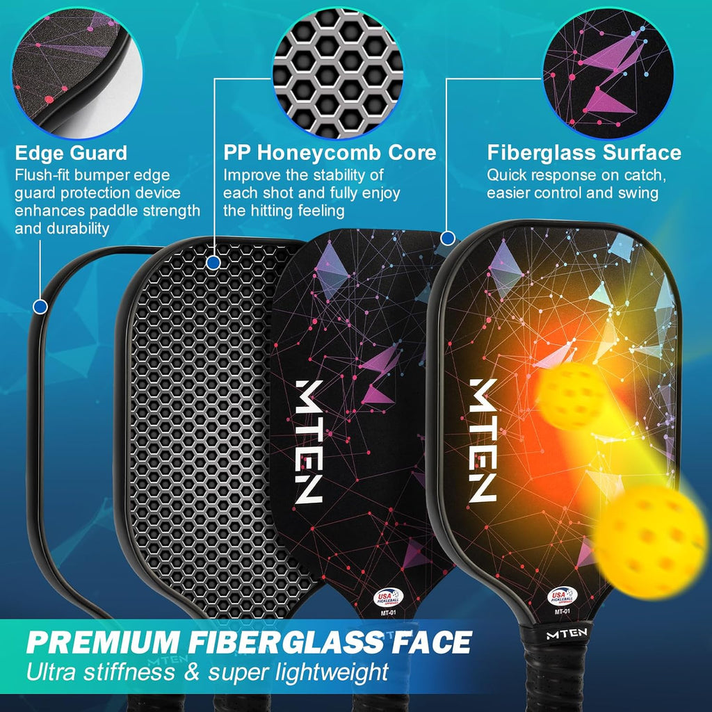 MTEN Palas de Pickleball Set de 2/4/1 Aprobadas USAPA; Raquetas de Fibra de Vidrio