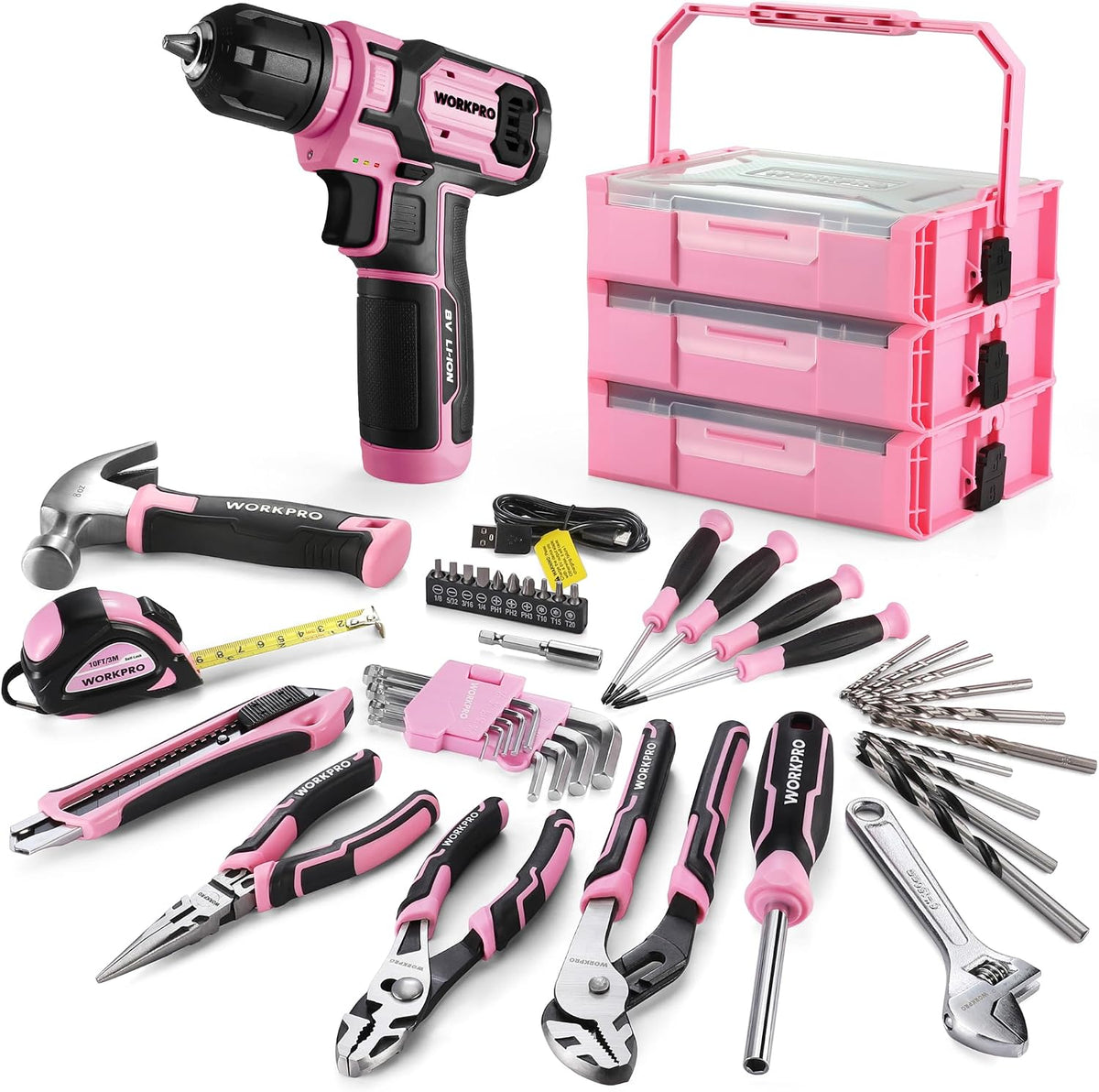 WORKPRO Taladro eléctrico de 8 V, juego de herramientas rosa para mujeres, taladro inalámbrico