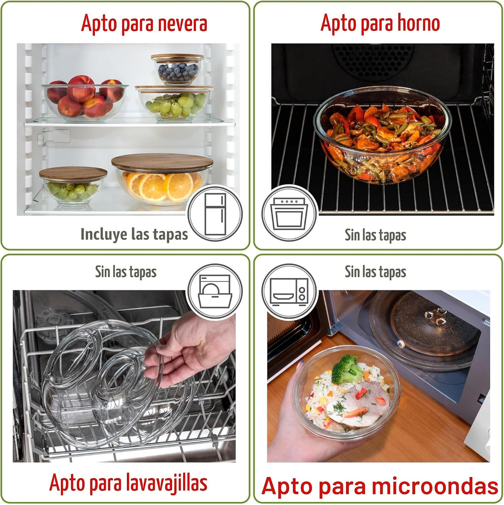 Juego de 5 cuencos apilables de vidrio para mezclar con tapas