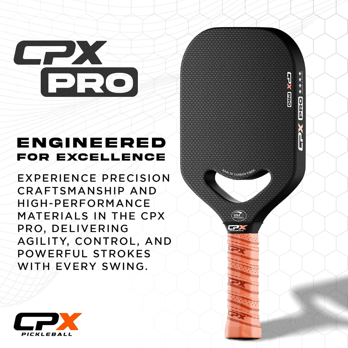 CPX Pro Paleta de pickleball en fibra de carbono - Grado profesional, acabado mate, núcleo de panal, agarre estilo tenis - Paleta sin borde diseñada en Chicago, EE. UU.
