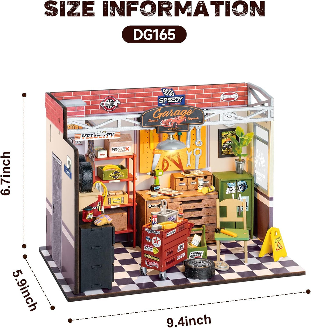 Rowood Miniature House Kit, Kit de Manualidades DIY de Casa en Miniatura para Adultos, Kit de Casa Mini con LED, Regalo de Cumpleaños para Mayores de 14+ (Garaje Taller)