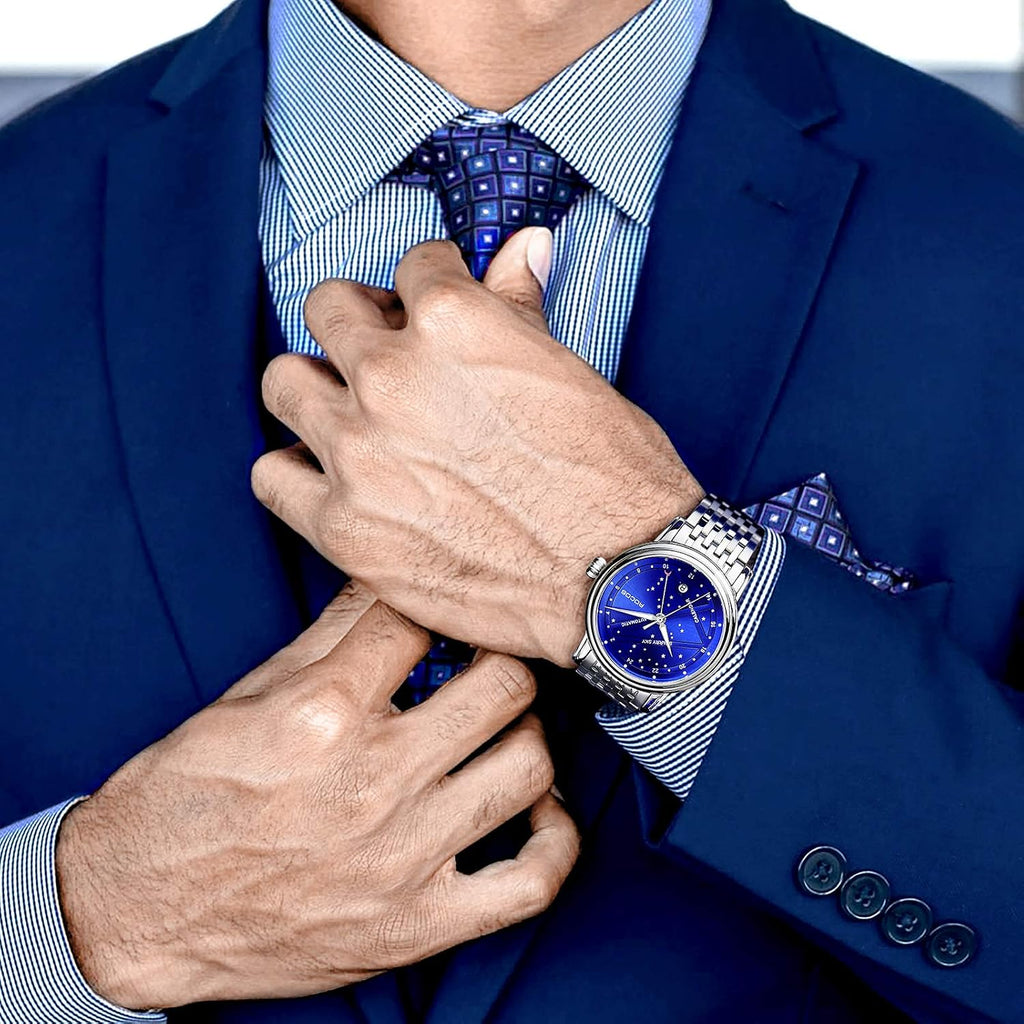ROCOSJEWE Reloj mecánico automático de lujo para hombre, correa luminosa de acero inoxidable, impermeable, visualización de fecha, relojes de negocios de moda para hombres