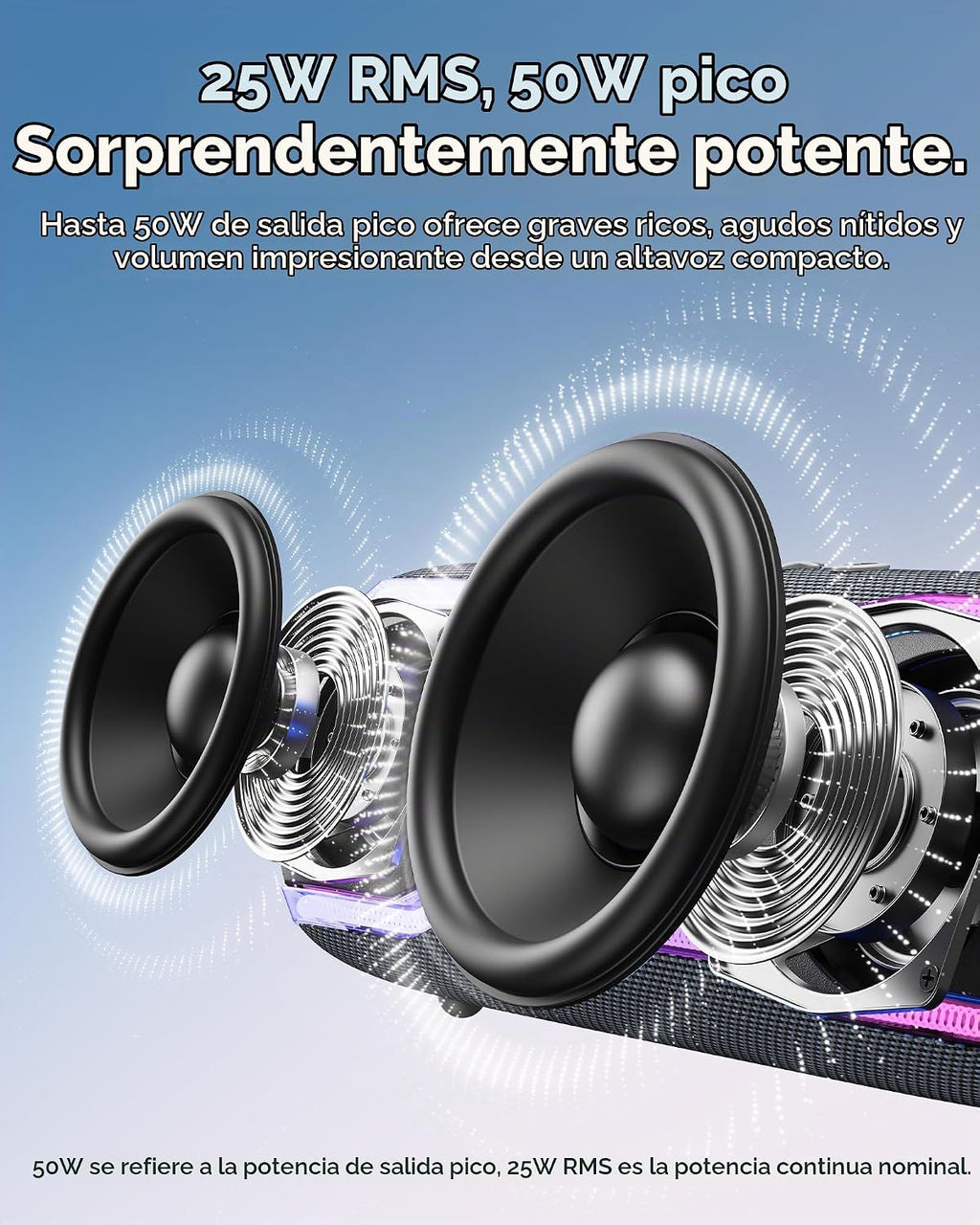 Altavoz Bluetooth, IPX7 impermeable, 50 W pico/25 W RMS, negro mate