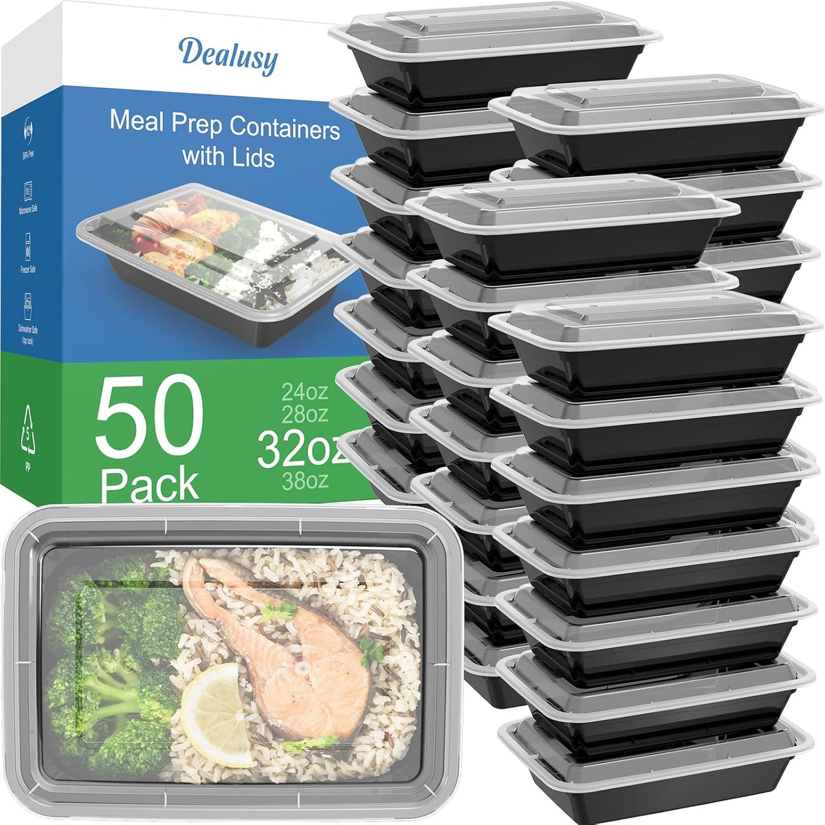 Dealusy Paquete de 50 (100 piezas) Recipientes de Preparación de Comidas de 32 oz Reutilizables con Tapas, Resistentes, a Prueba de Fugas y Seguros para Alimentos, Seguros para Microondas, Congelador